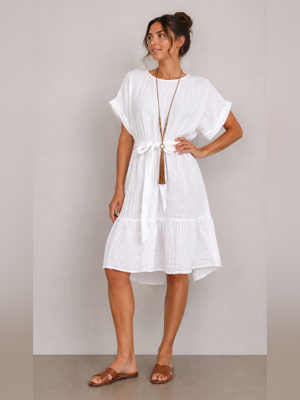 XiRENA White Gauze Tie-Waist Midi Dress